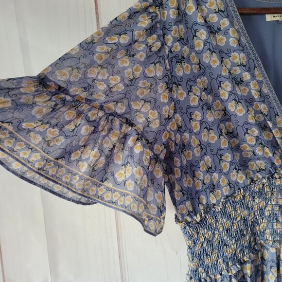 Max Studio V-Neck Babydoll Midi Dress, M, Light Blue Floral, Bell Short Sleeve - Picture 2 of 9